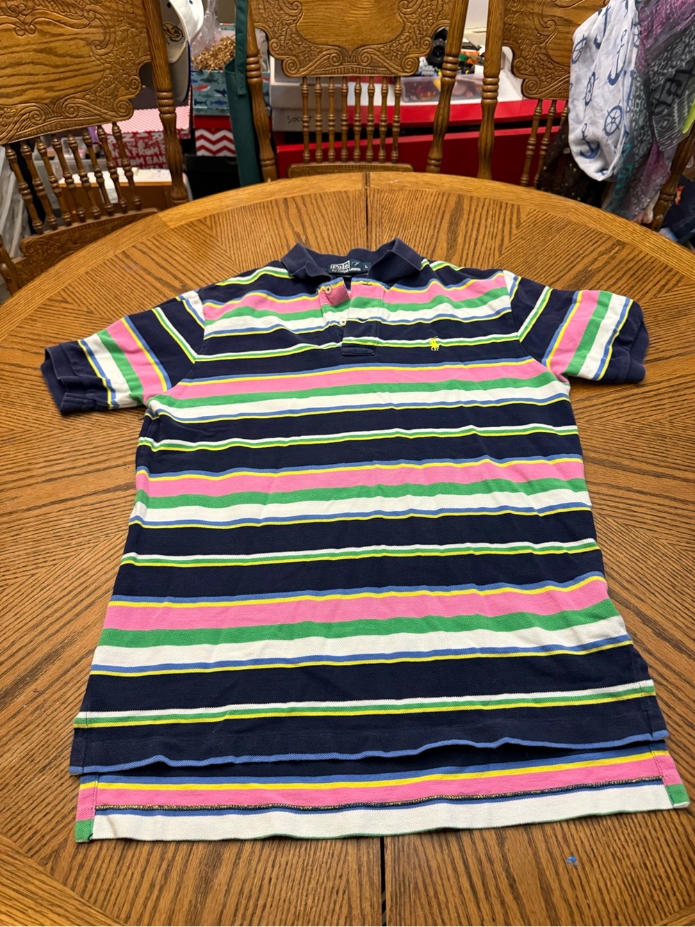 Ralph Lauren Striped Polo in Navy with Pink, Green, Yellow & White